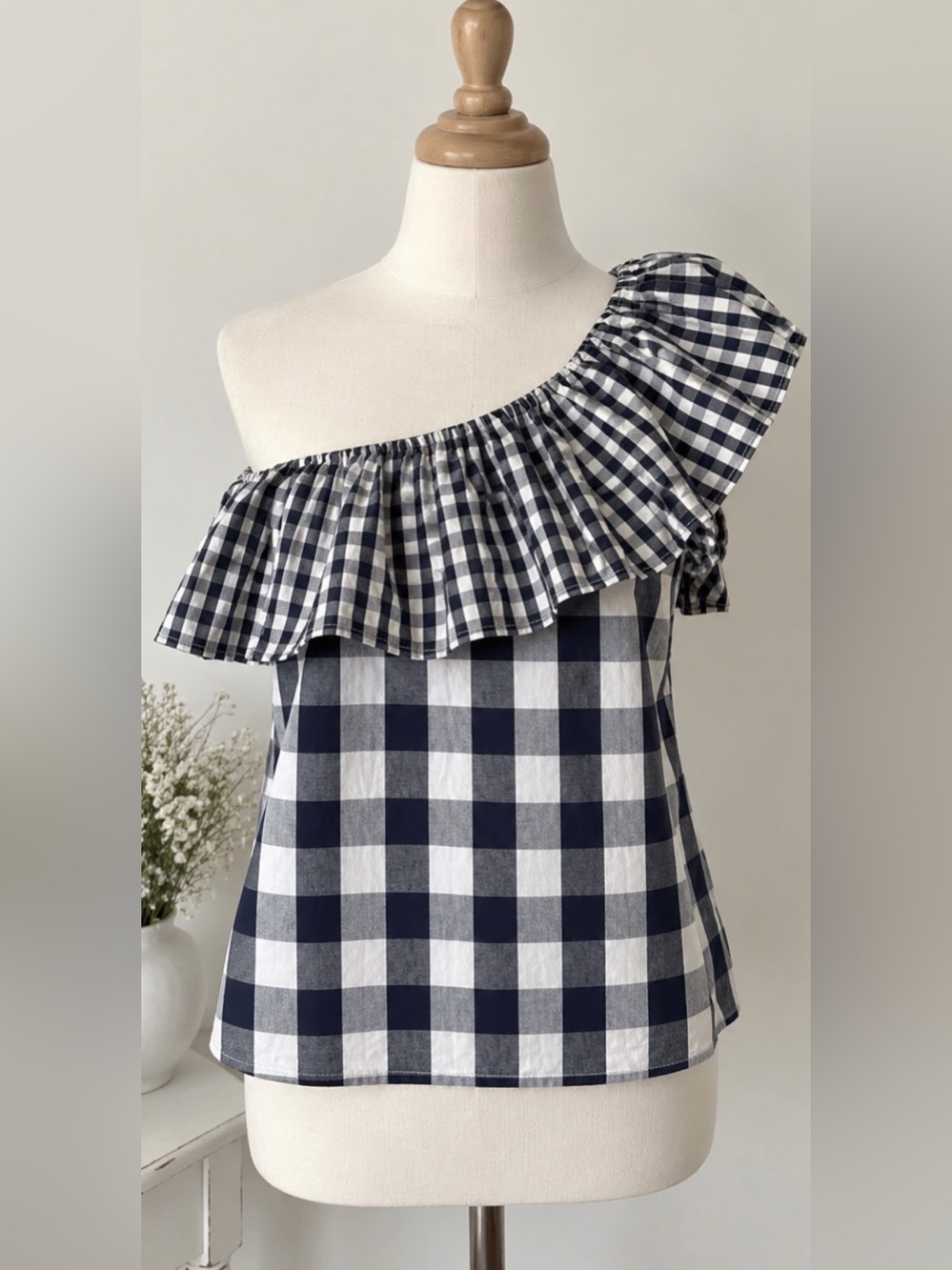 J.Crew Navy & White Gingham One-Shoulder Ruffle Top NWT | Size 8